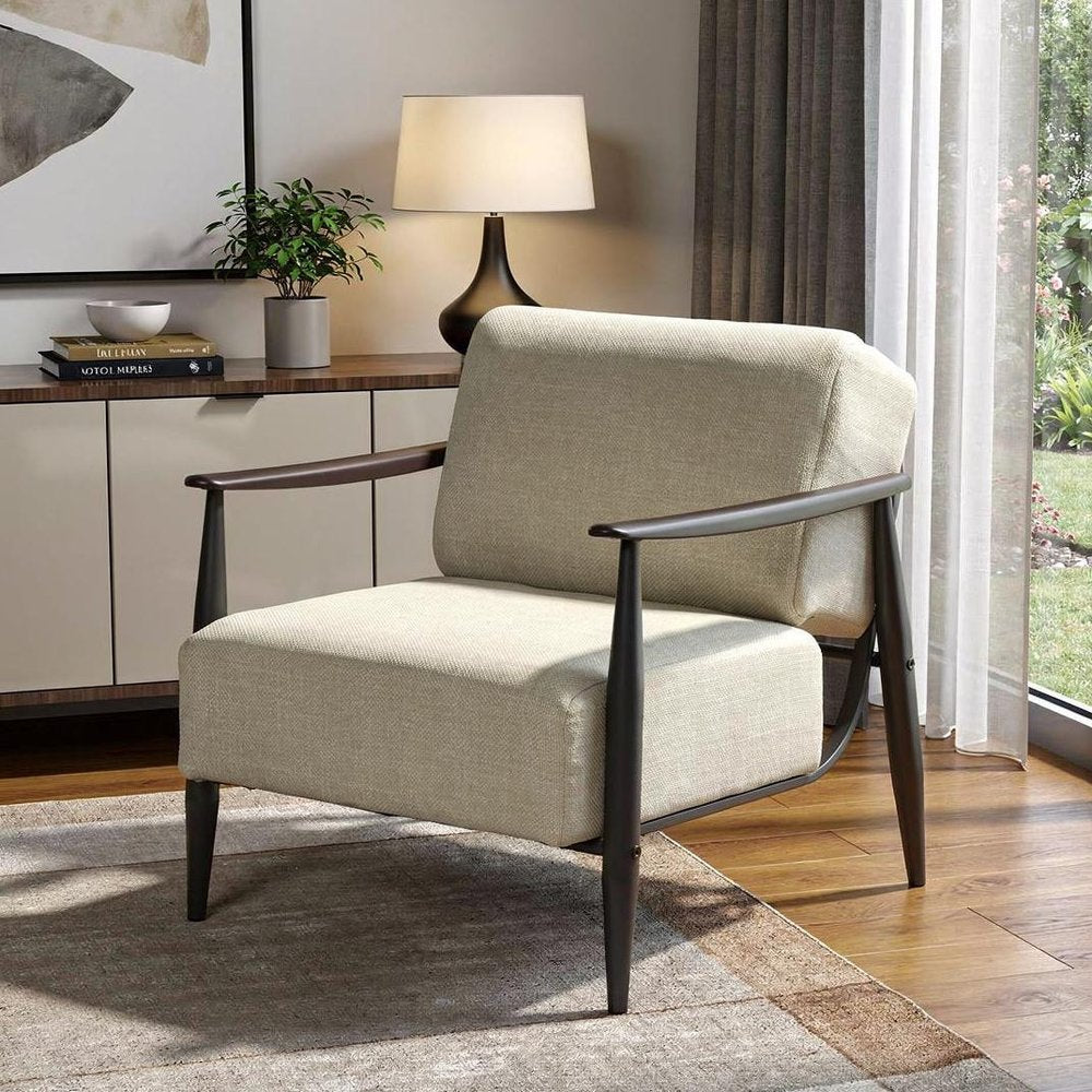 28" Beige and Black Upholstered Cushion and Solid Wood Arm Chair HomeRoots