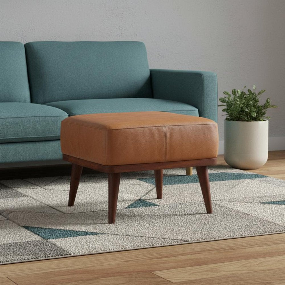 20" Tan And Chestnut Leather Ottoman HomeRoots