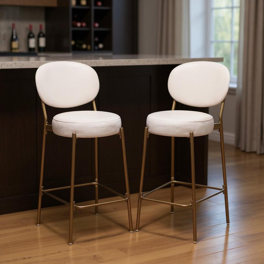 Set of Two 29" White And Gold Velvet And Metal Low Back Bar Height Bar Chairs HomeRoots