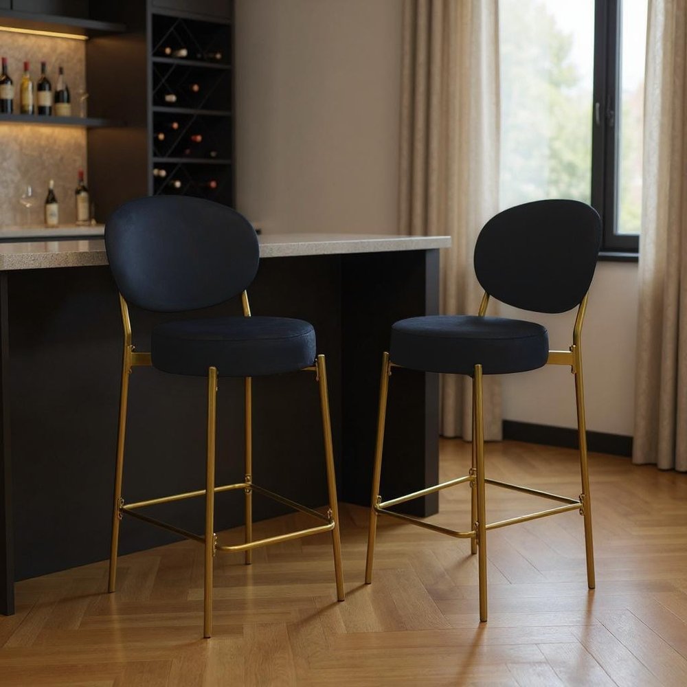 Set of Two 29" Black And Gold Velvet And Metal Low Back Bar Height Bar Chairs HomeRoots