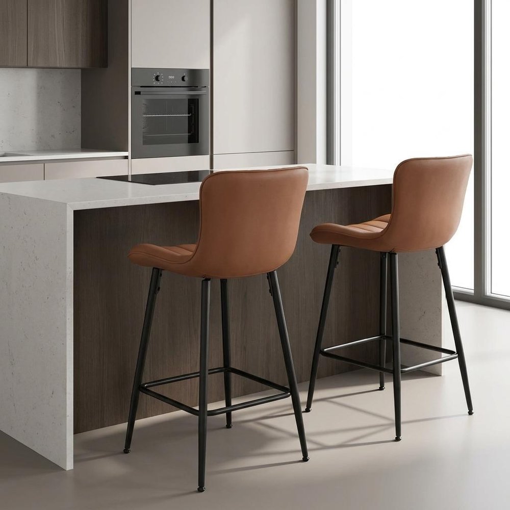 Set of Two 27" Brown And Black Faux Leather And Metal Low Back Counter Height Bar Chairs HomeRoots