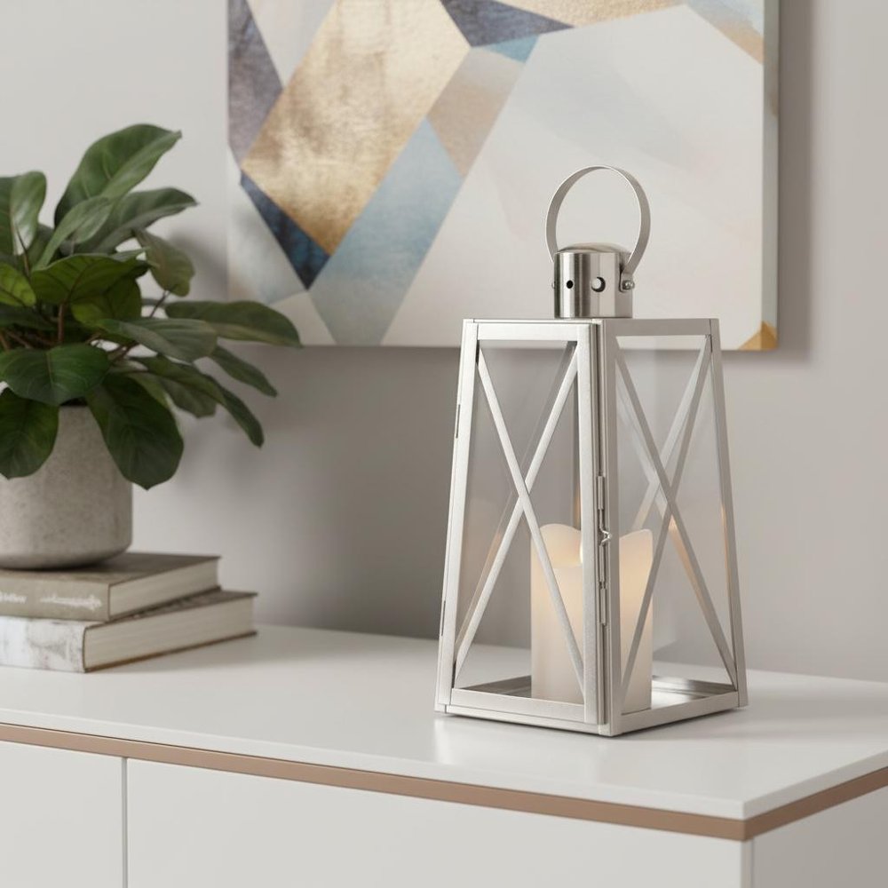 12" Clear And Silver Glass And Stainless Steel Tabletop Lantern Candle Holder HomeRoots