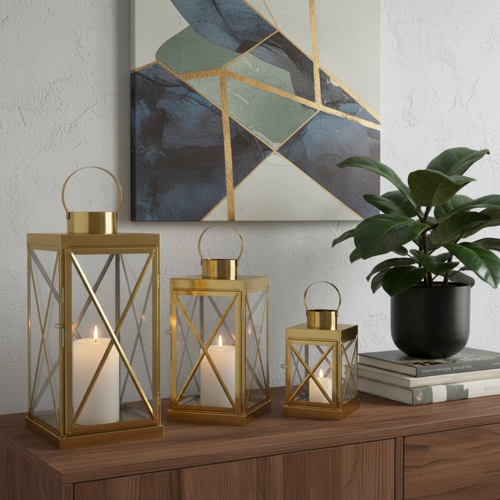 Set of Three Clear And Gold Glass And Stainless Steel Floor Lantern Candle Holders HomeRoots