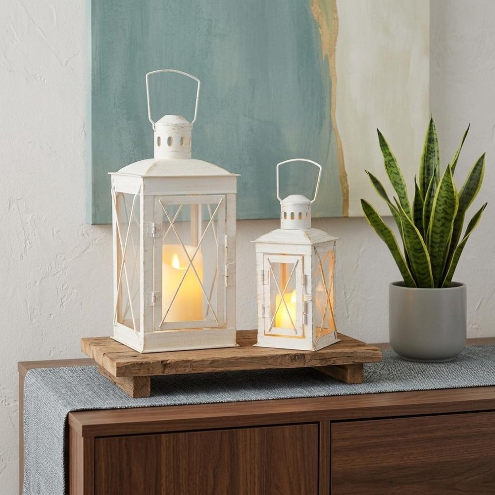 Set of Two Clear And White Glass And Metal Tabletop Lantern Candle Holders HomeRoots
