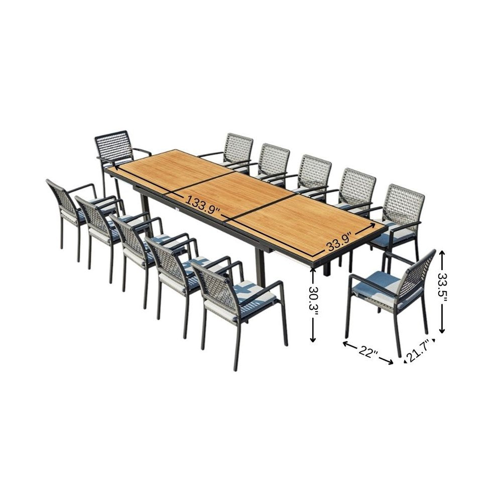 13 Piece Natural and Black Solid Wood Dining Set with Twelve Chairs HomeRoots