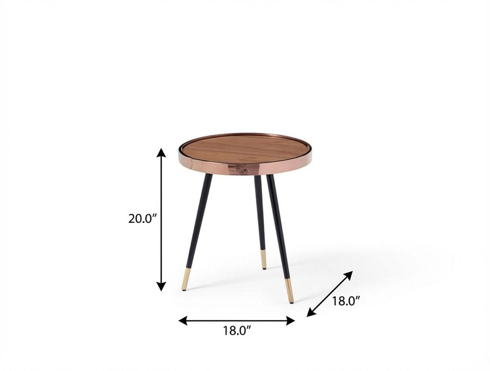24" Walnut Black And Rose Gold Wood and Stainless Steel Round End Table HomeRoots
