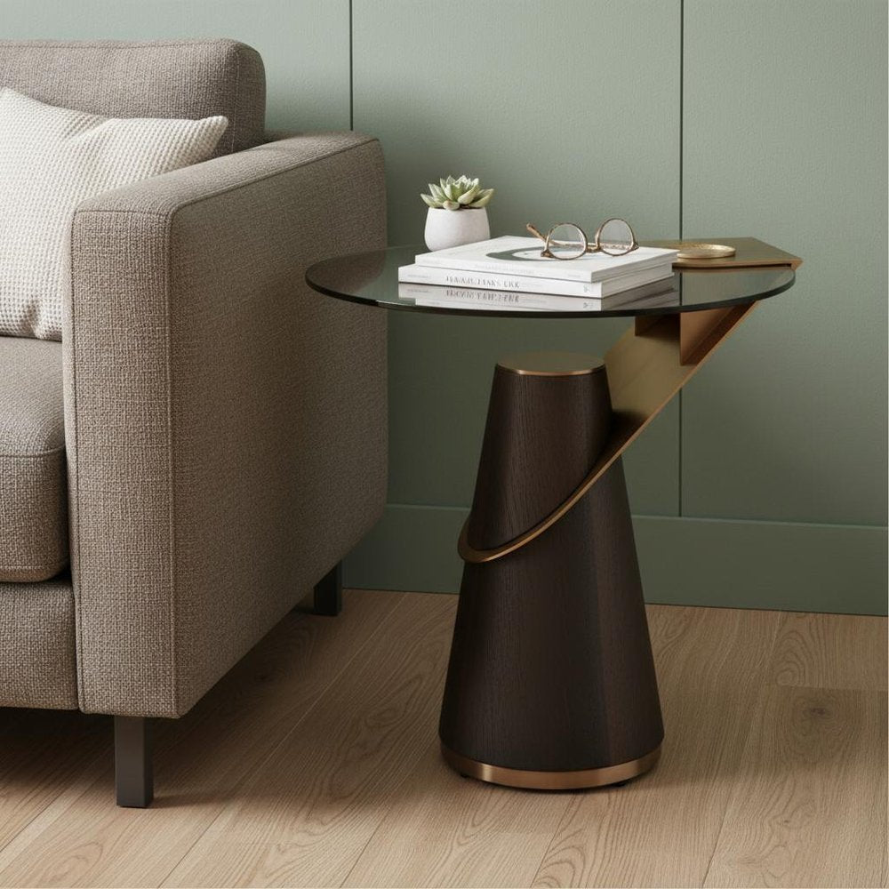 22" Clear Rose Gold and Dark Brown Glass Stainless Steel and Solid Wood Round Pedestal End Table HomeRoots