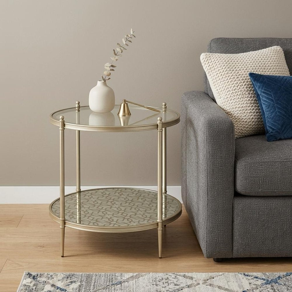 24" Clear And Champagne Glass And Iron Round End Table With Shelf