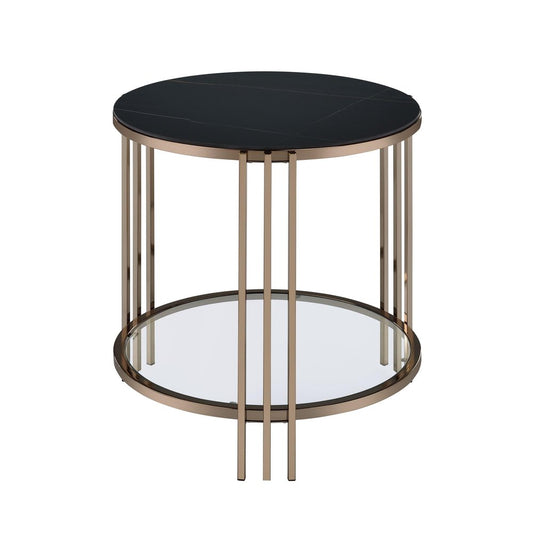 24" Black and Champagne Stone Glass and Iron Round End Table With Shelf