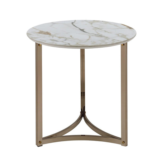 24" White and Champagne Stone and Metal Round Frame End Table