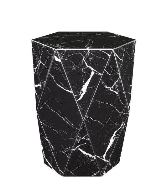 24" Black and White Faux Marble and Glass Hexagonal Block End Table