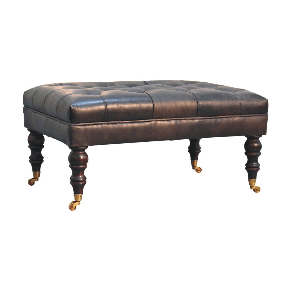 35" Black Brass And Brown Rolling Genuine Leather Tufted Ottoman