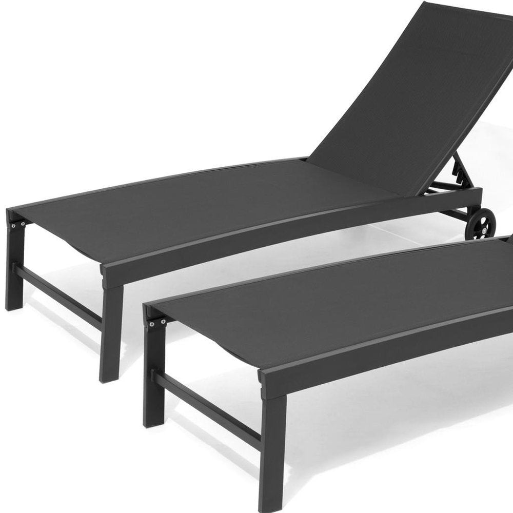 Set of Two Black Aluminum Five Position Adjustable Sling Outdoor Chaise Lounges HomeRoots