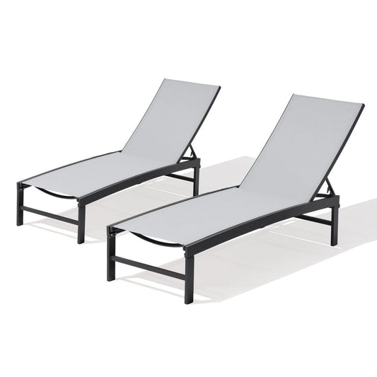 Set of Two Gray Aluminum Five Position Adjustable Sling Outdoor Chaise Lounges