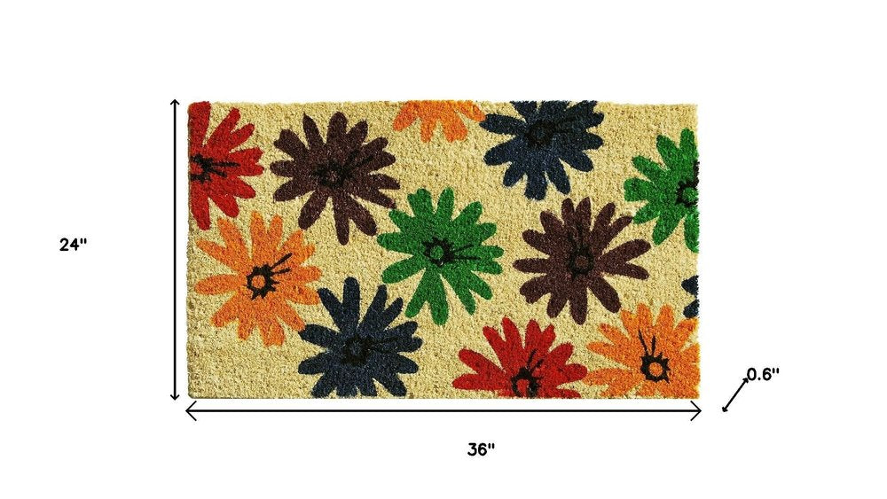 17" X 29" Natural Blue Green And Orange Floral Outdoor Coir Door Mat HomeRoots