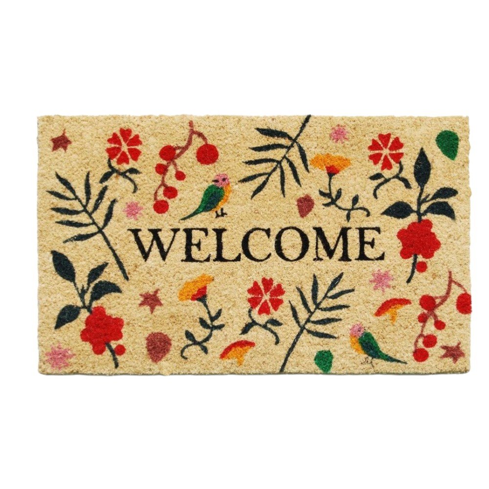 17" X 29" Brown Red Black And Green Floral Birds Welcome Outdoor Coir Door Mat HomeRoots