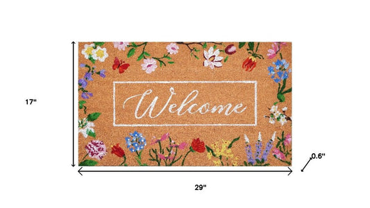 24" X 36" Brown White And Green Floral Welcome Outdoor Coir Door Mat