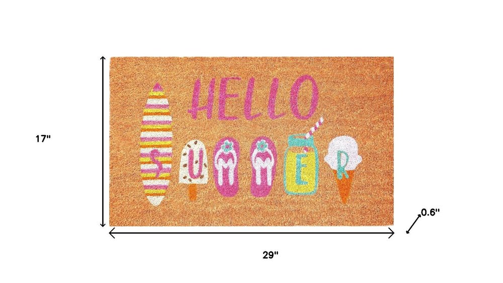 17" X 29" Brown Pink And White Hello Summer Outdoor Coir Door Mat HomeRoots