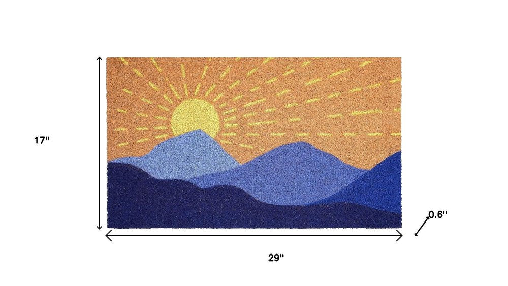 17" X 29" Brown Blue And Yellow Mountain Sunrise Outdoor Coir Door Mat HomeRoots