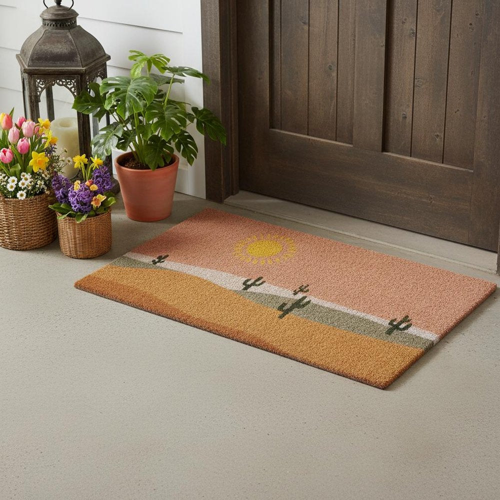 17" X 29" Brown Orange And Yellow Cactus Outdoor Coir Door Mat HomeRoots