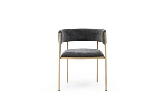 Set of Two Charcoal And Gold Fabric And Metal Partially Open Back Dining Arm Chairs