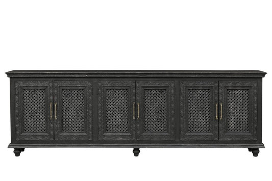 111" Black Distressed Solid Wood Carved Floral Sideboard With Six Doors
