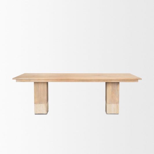 94" Natural And Beige Solid Wood And Marble Double Pedestal Base Dining Table