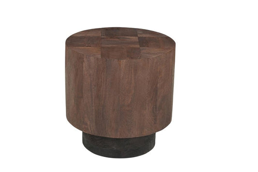 22" Dark Brown And Black Solid Wood Round Drum End Table