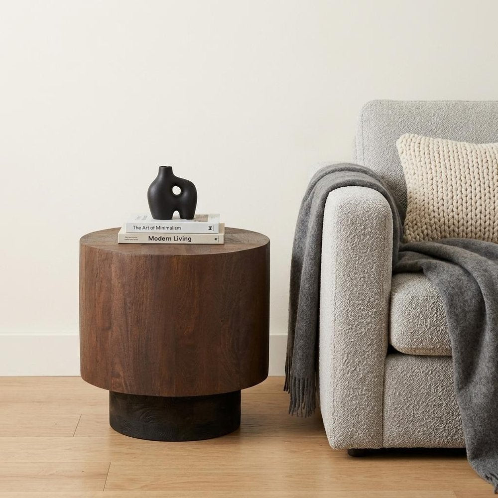 22" Dark Brown And Black Solid Wood Round Drum End Table HomeRoots