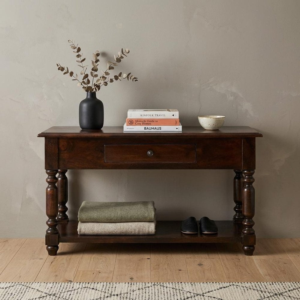 34" Brown Solid Wood Console Table With Shelf And Drawer HomeRoots