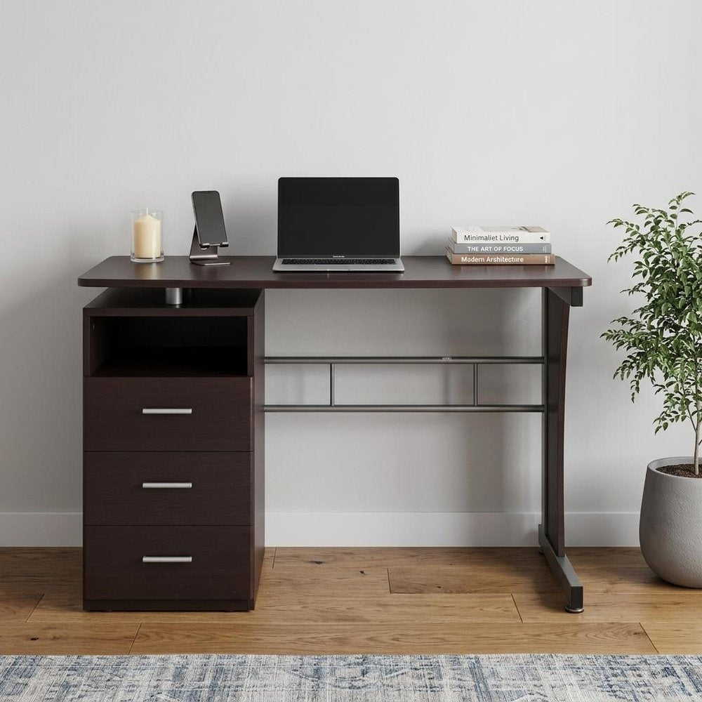 48" Chocolate Wood and Steel Pedestal Computer Desk With Three Drawers HomeRoots
