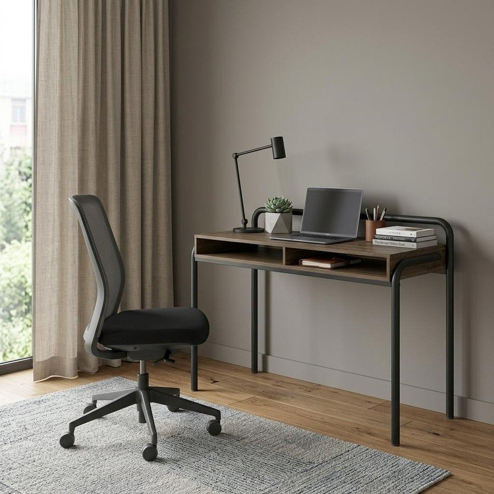 46" Walnut and Black Wood and Steel Writing Desk HomeRoots