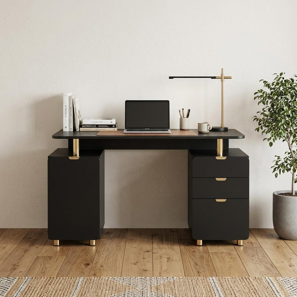 57" Black and Gold Wood and Steel Pedestal Executive Desk With Three Drawers HomeRoots