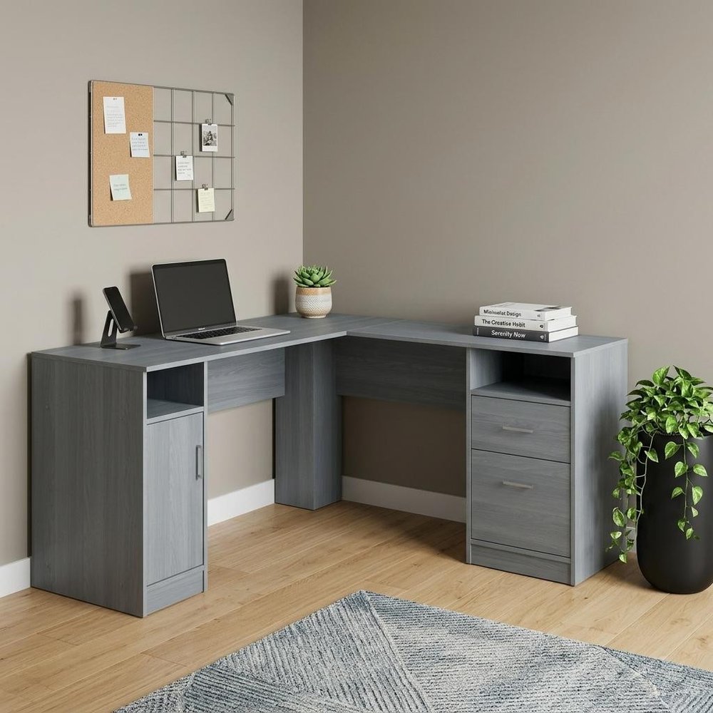 60" Gray Wood L Shape Pedestal Computer Desk With Two Drawers