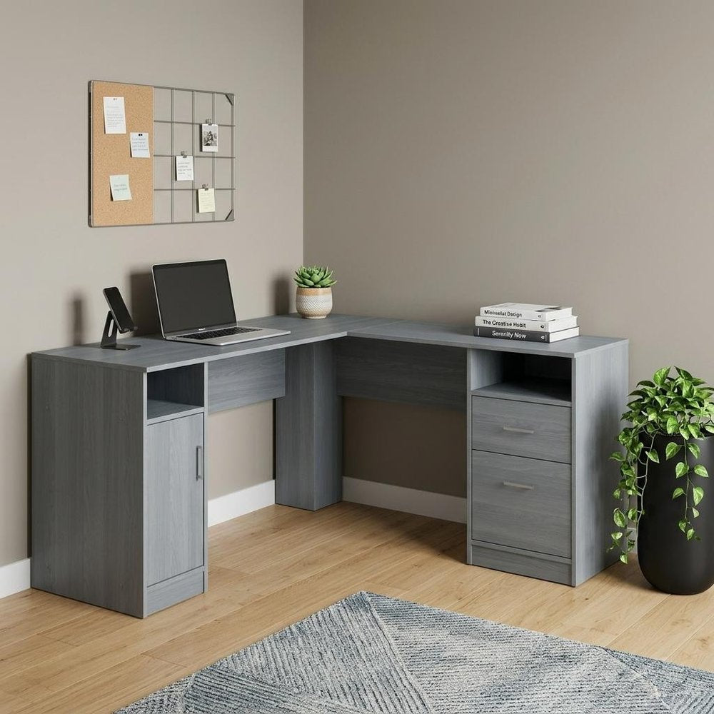60" Gray Wood L Shape Pedestal Computer Desk With Two Drawers HomeRoots
