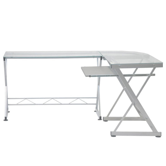 62" Clear Glass and Steel L Shape Computer Desk