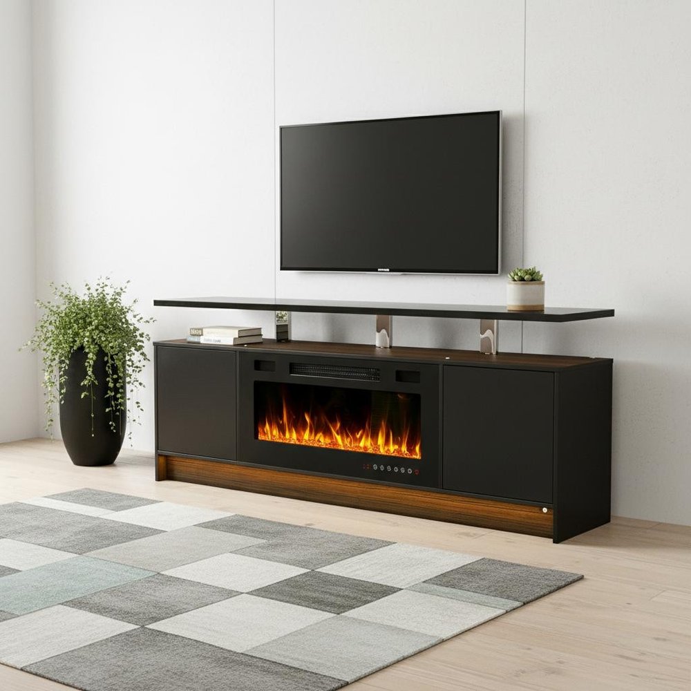 70" Black Wood Entertainment Center With Fireplace