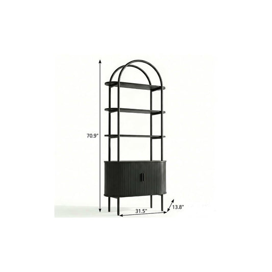 71" Black Wood Four Tier Arched Etagere Bookcase with Two Doors
