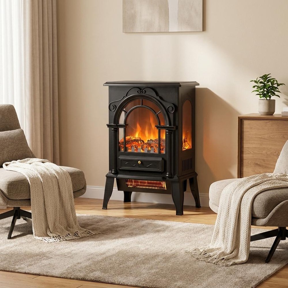 15" Black Ornate Carved Scrollwork Glass And Metal With Storage Electric Fireplace With Mantle HomeRoots