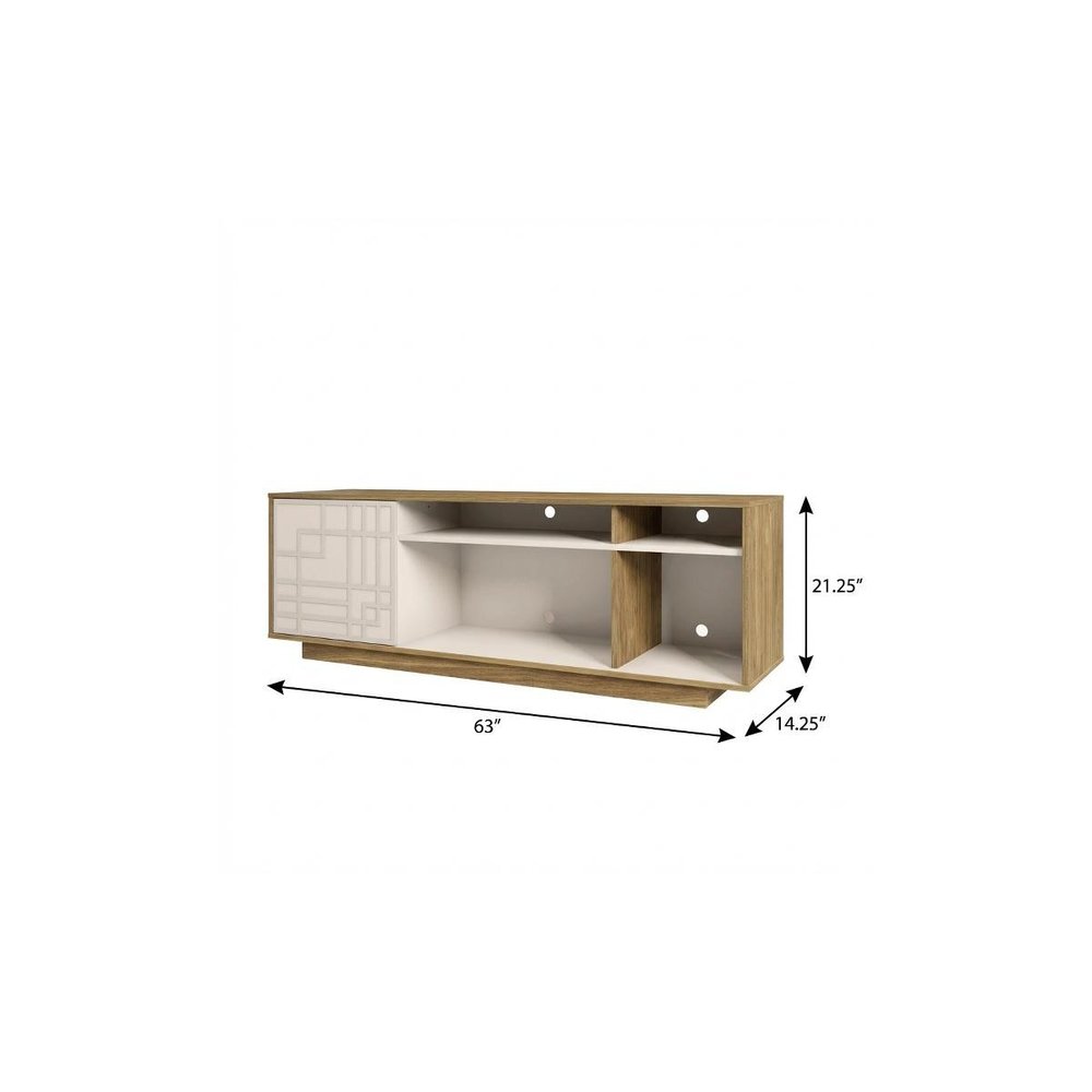 63" Natural And White Carved Geometric Wood Enclosed and Open Storage TV Stand