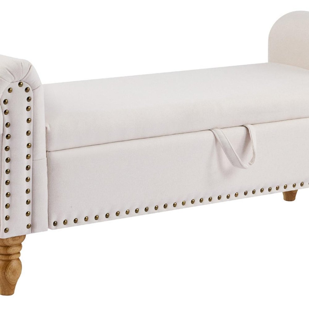 55" Beige And Brown Linen And Solid Wood Upholstered Storage Bench With Flip Top HomeRoots