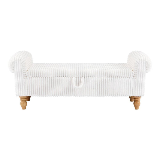 55" White and Brown Corduroy and Solid Wood Upholstered Storage Bench With Flip Top