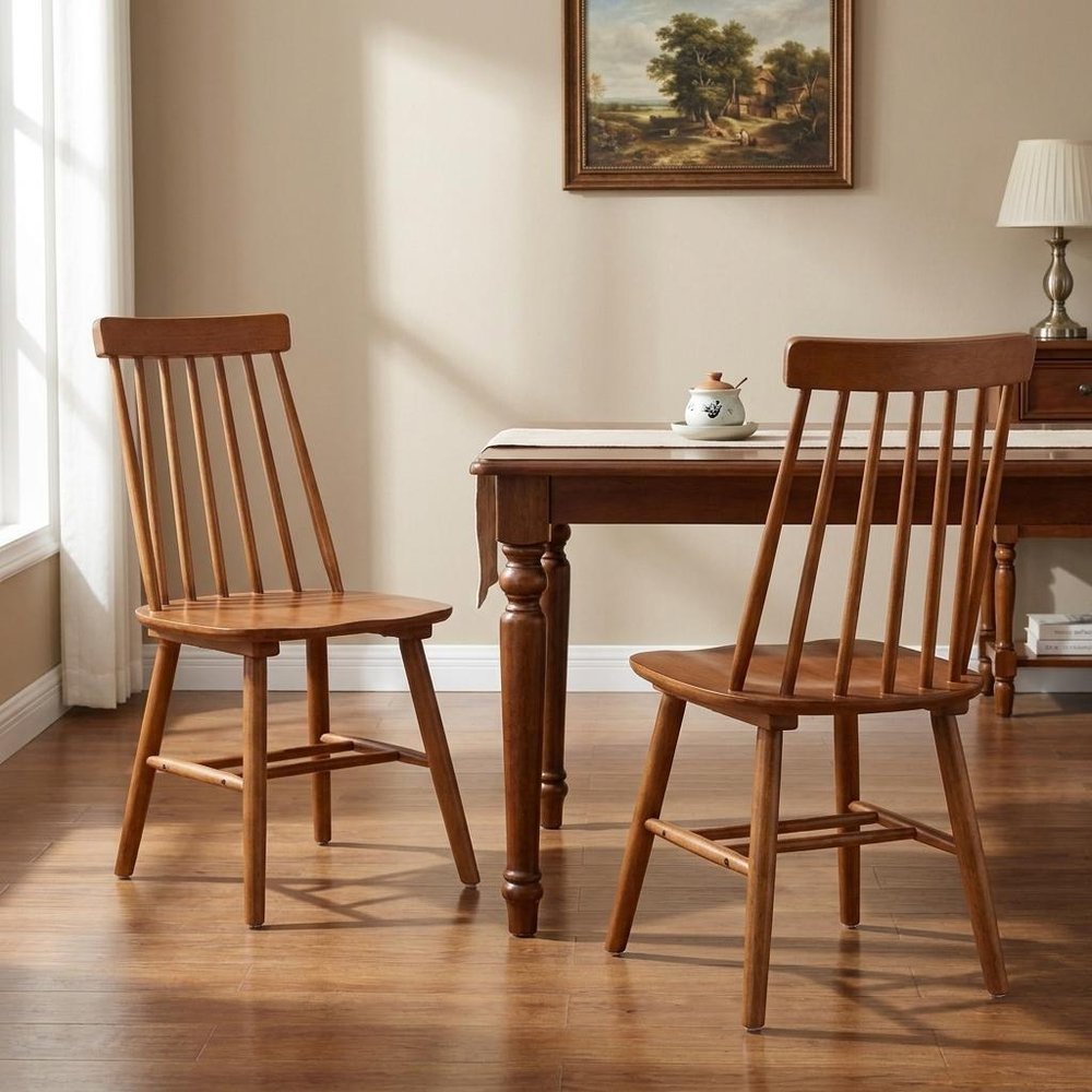 Set of Two Walnut Solid Wood Windsor Back Dining Side Chairs