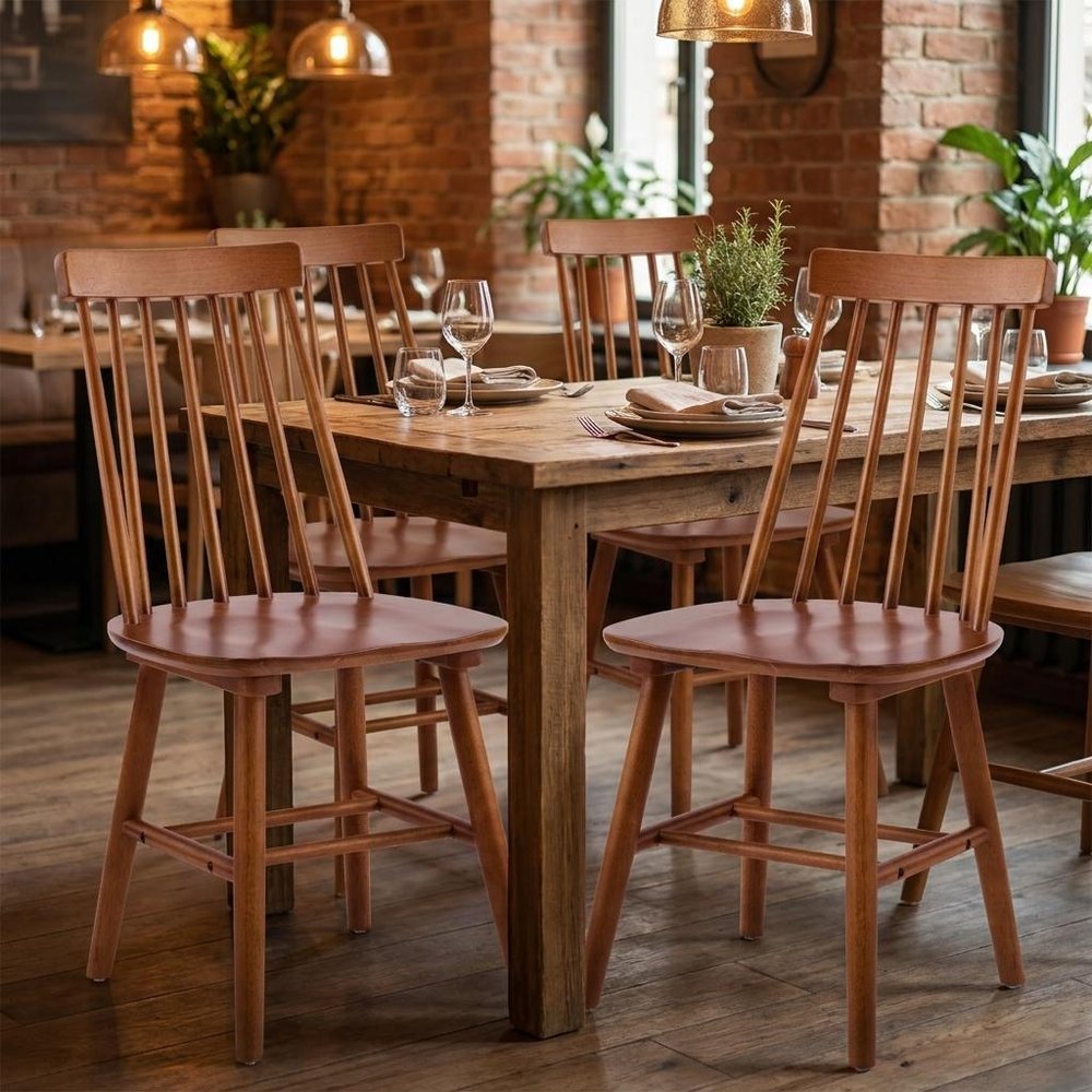 Set of Four Walnut Solid Wood Windsor Back Dining Side Chairs