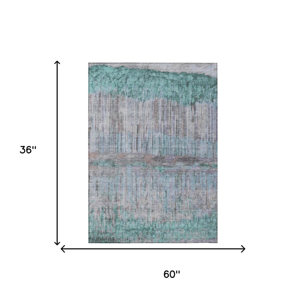 3' X 5' Teal Blue And Taupe Abstract Washable Indoor Outdoor Area Rug HomeRoots