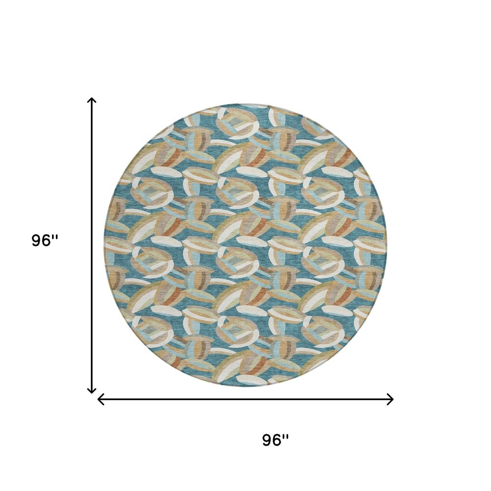8' Teal Blue And Orange Round Abstract Washable Indoor Outdoor Area Rug HomeRoots