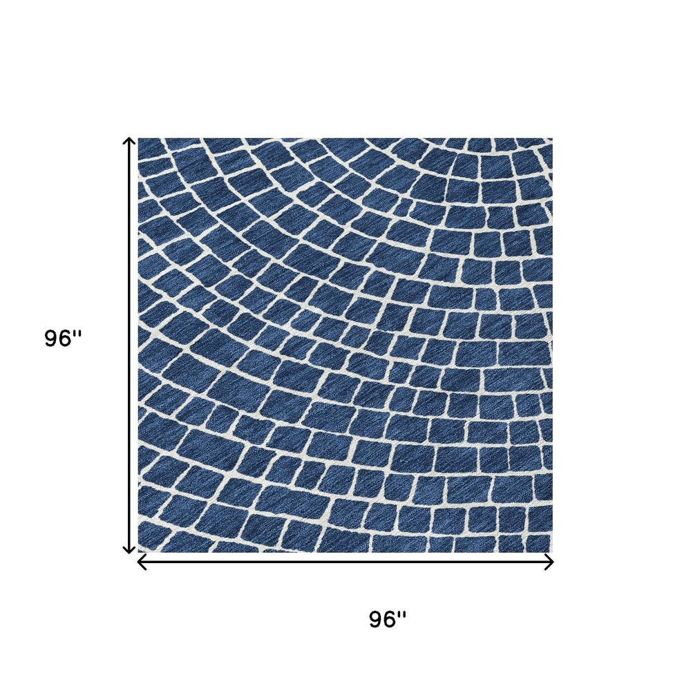 8' Navy Blue And Ivory Round Geometric Washable Indoor Outdoor Area Rug HomeRoots