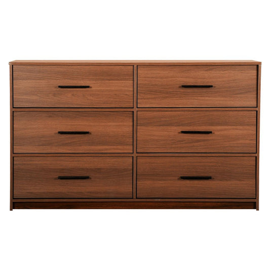 45" Walnut Wood Steel And Fabric Six Drawer Double Dresser