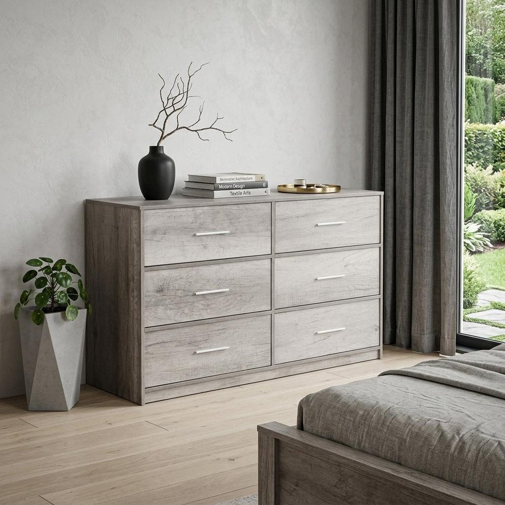 45" Gray Wood Steel And Fabric Six Drawer Double Dresser