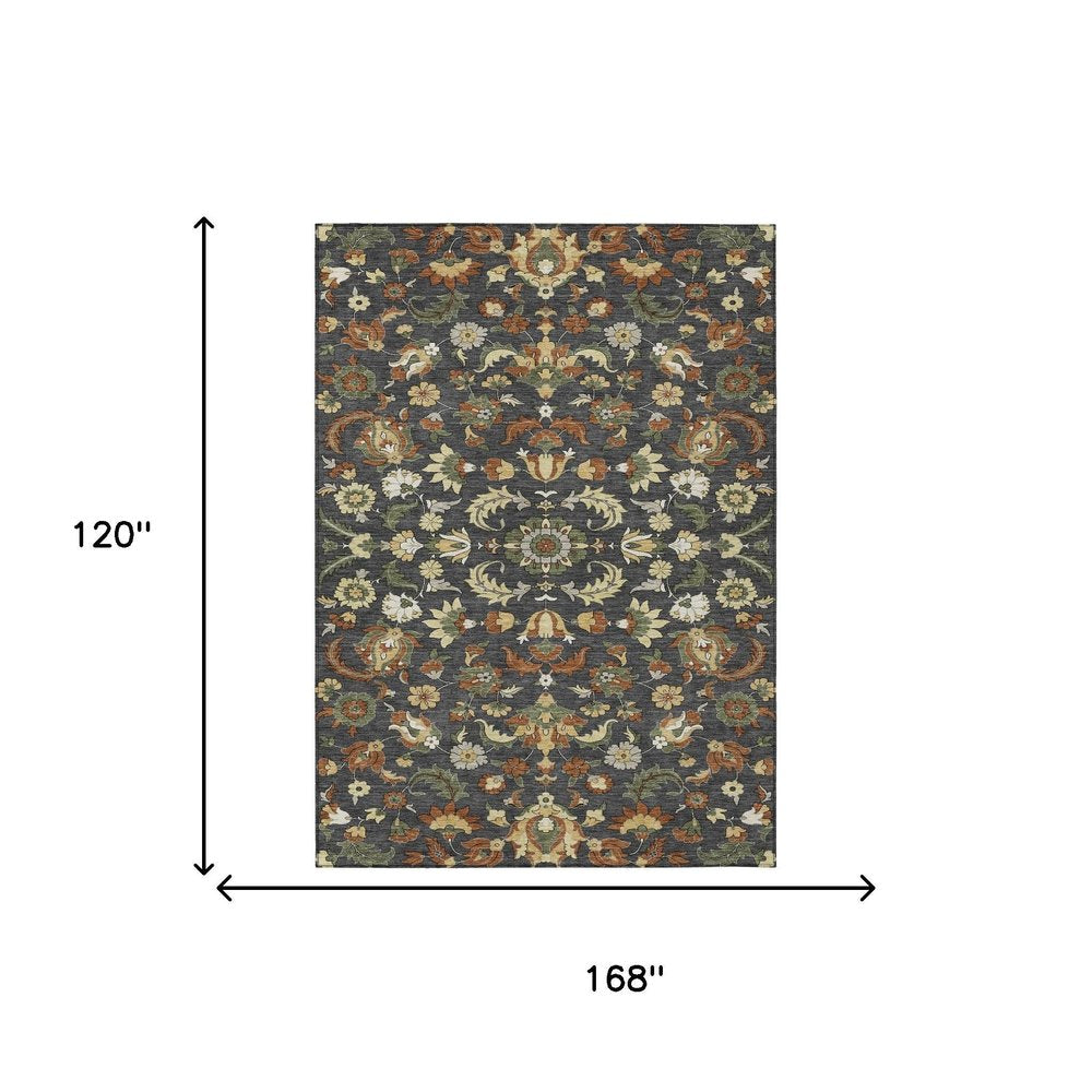 10' X 14' Charcoal And Black Floral Medallion Washable Indoor Outdoor Area Rug HomeRoots